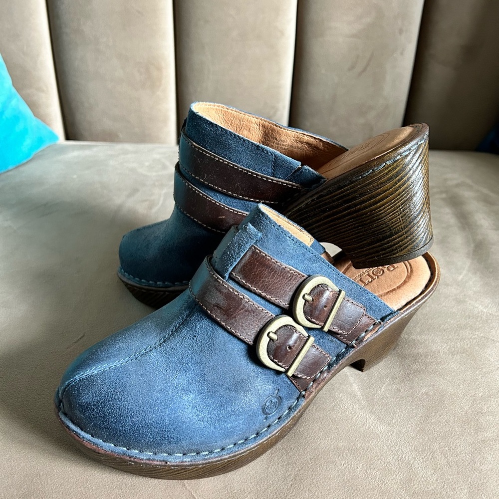 💙BORN Laura blue & dark brown clog slides all leather w/ chunky heel & buckles